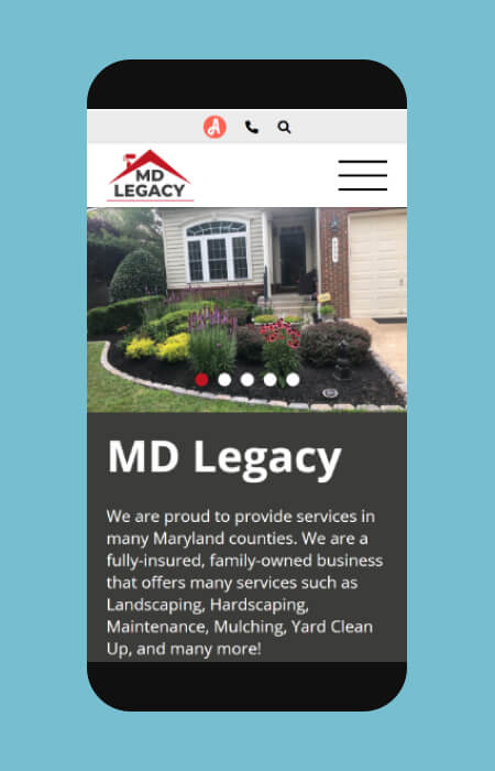 MD Legacy LLC website embedded in a photo of a mobile device.