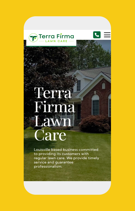 Terra Firma Lawn Care website embedded in a photo of a mobile device.