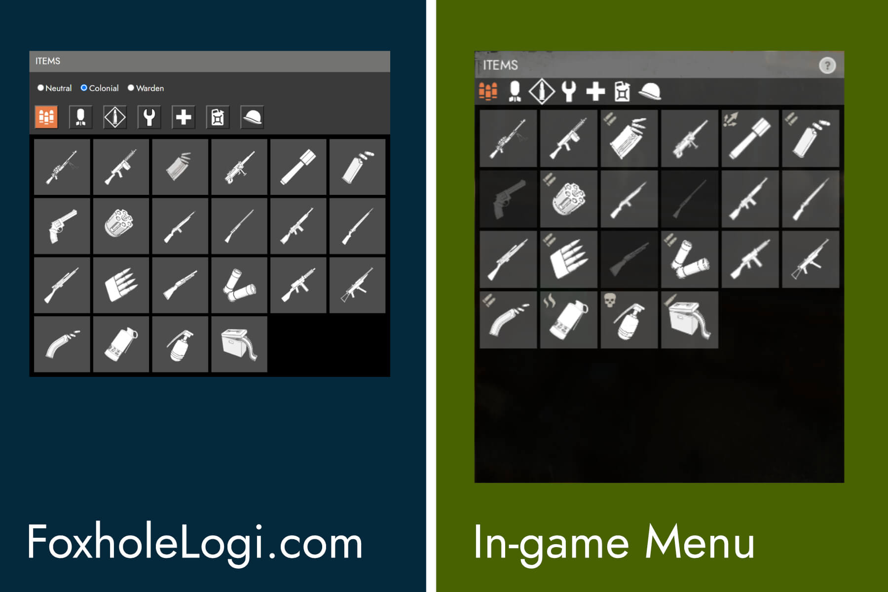 Menu comparison of Foxholelogi.com & in-game